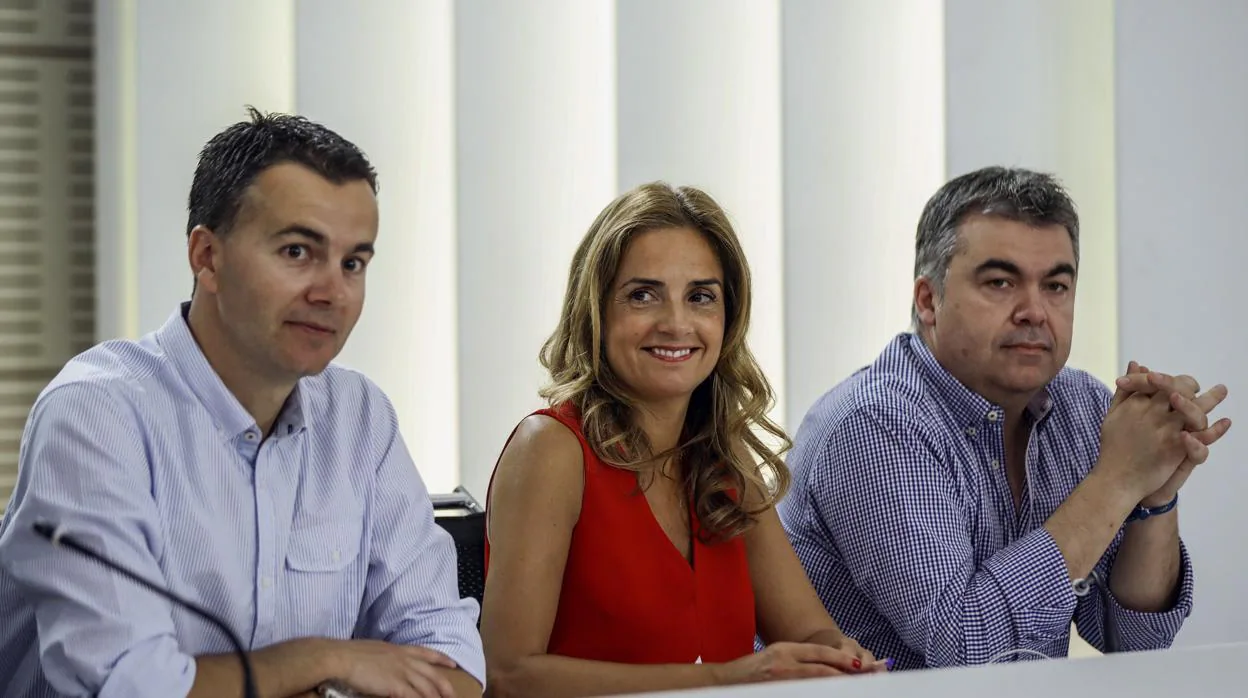 -Héctor Gómez,Susana Sumelzo y Santos Cerdán,i-d., durante la reunión de la nueva Ejecutiva Federal del PSOE en 2017