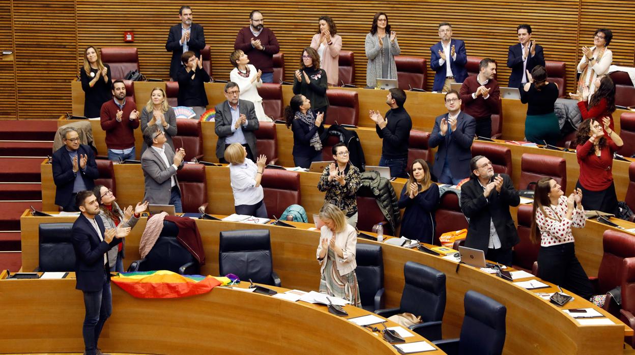 Vista general del pleno de Les Corts Valencianes tras aprobar este miércoles la ley de igualdad de las personas LGTBI