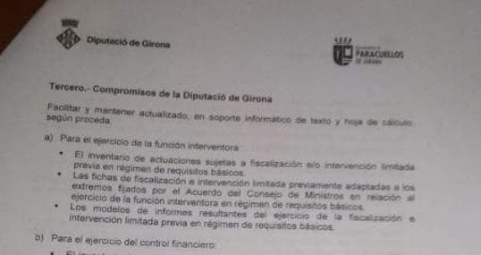 El convenio Este es el documento que el Ayuntamiento de Paracuellos iba a firmar con la Diputación de Gerona para «asistencia» en el control de cuentas