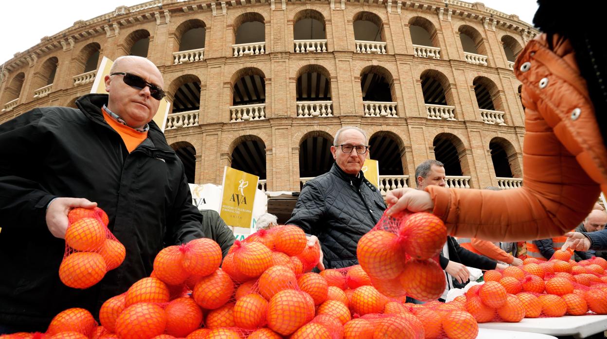 Imagen del reparto de naranjas este jueves en el centro de Valencia como protesta por la gestión de la crisis agrícola