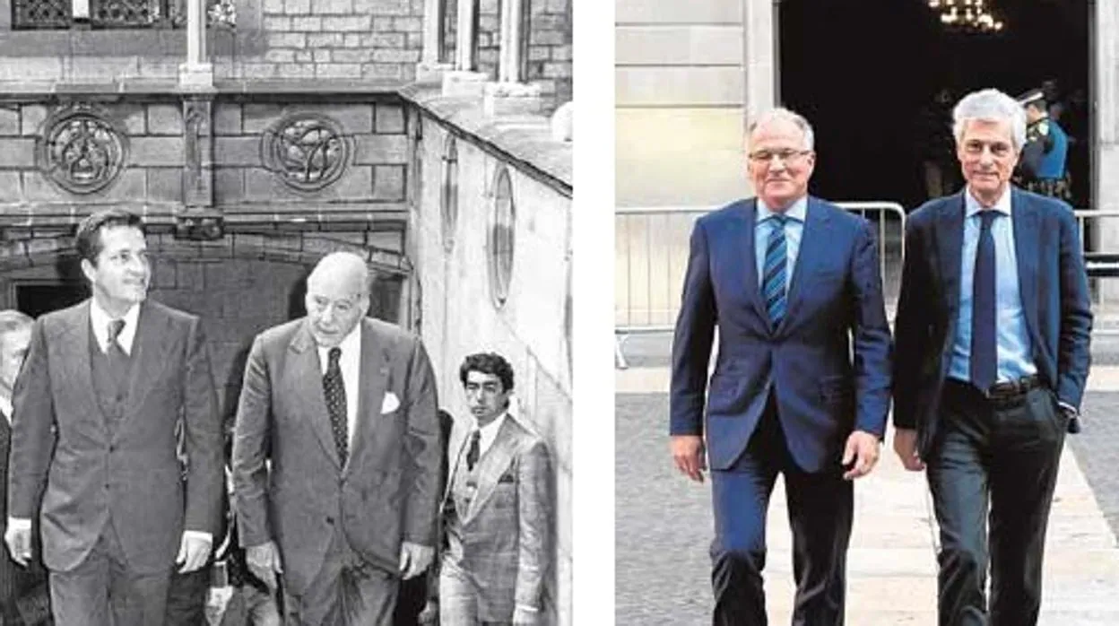 Adolfo Suárez y Josep Tarradellas en 1977 y Josep Bou con Suárez Illana recientemente en Barcelona