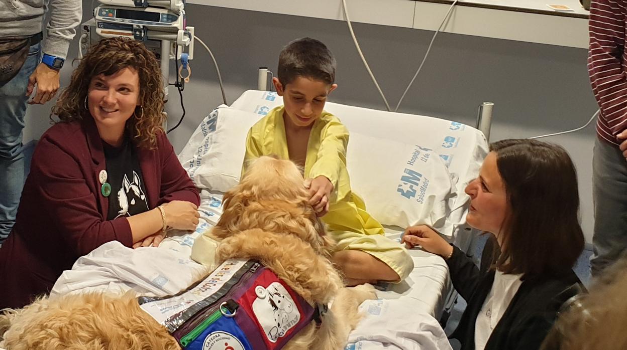 Adrián, recibiendo las atenciones del perro Zenit, uno de los participantes en el programa