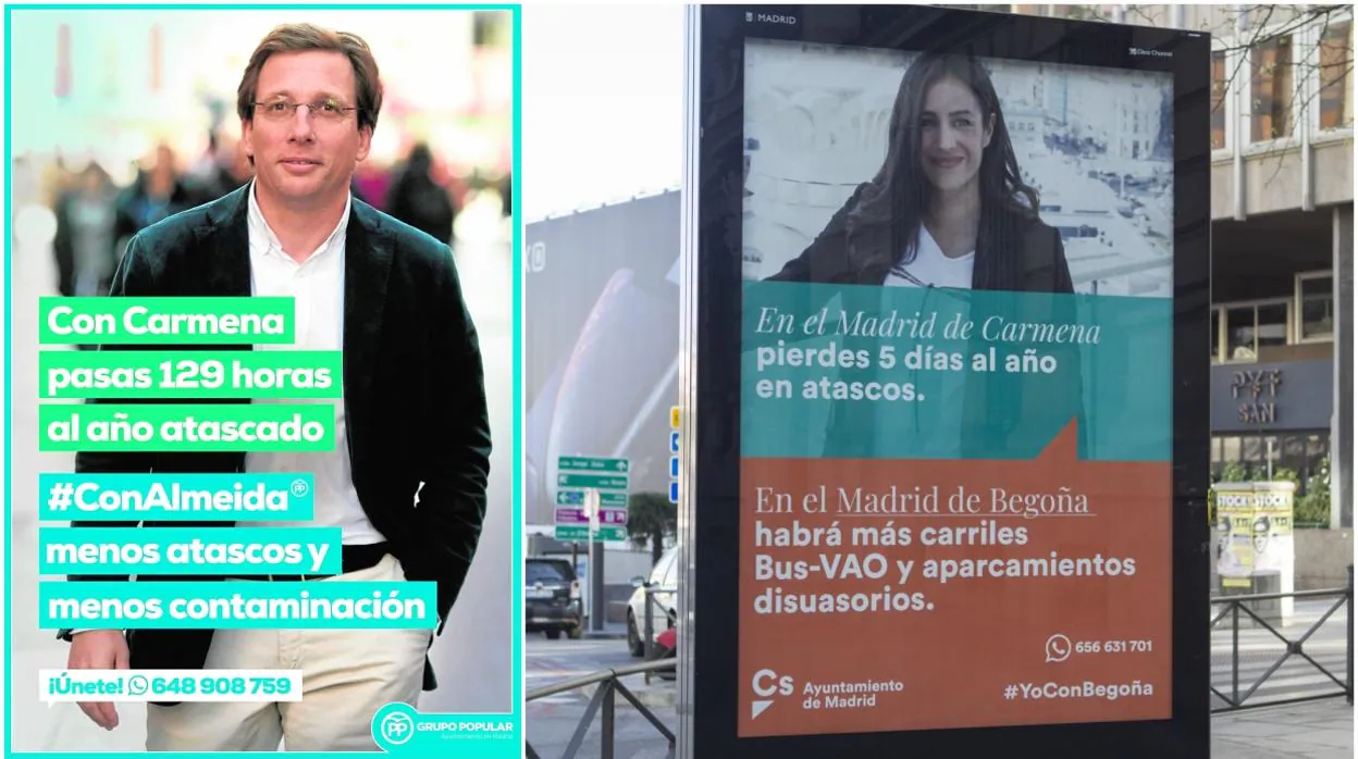 El cartel de la izquierda, de Almeida (PP), salió a la calle a finales de febrero. El de Villacís (Cs), a la derecha, a mediados de marzo