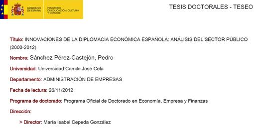 Ficha de la tesis con la que se había doctorado Pedro Sánchez cuatro meses y diez días antes