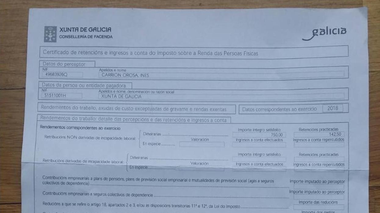 Detalle de la hoja de retenciones que recibió la menor