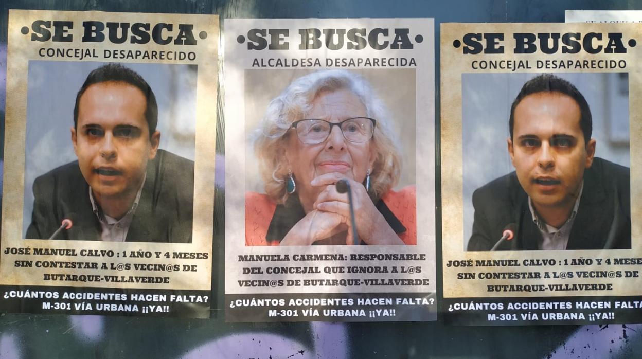 Carteles contra Carmena y Calvo pegados en calles de Butarque