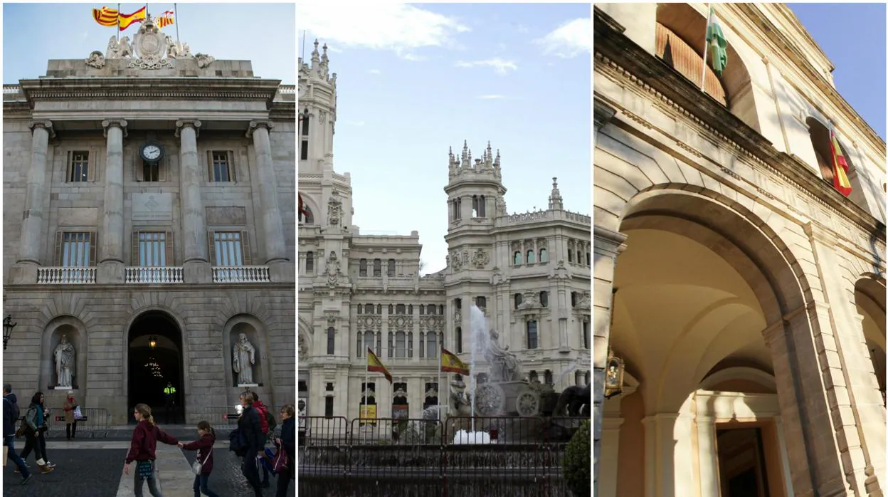 Fachadas de los ayuntamientos de Barcelona, Madrid y Sevilla