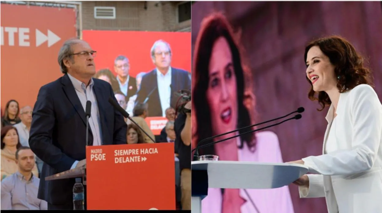 El candidato del PSOE a la Comunidad de Madrid Ángel Gabilondo y su homóloga del PP Isabel Díaz Ayuso, ayer en sus respectivos actos de inicio de campaña en Vicálvaro y Debod