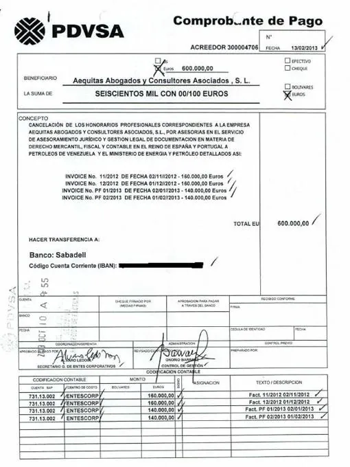 Orden de pago de PDVSA al despacho de Morodo por 600.000 euros en cuatro facturas