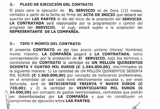 Detalle del contrato en el que se establecen 739 euros por cada hora de trabajo