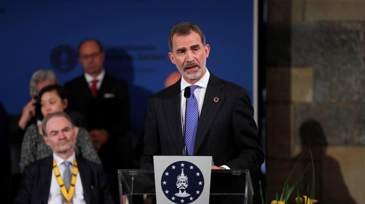 Don Felipe, durante su intervención ayer en la entrega del premio Carlomagno al secretario general de la ONU, Antonio Guterres, en Aquisgrán