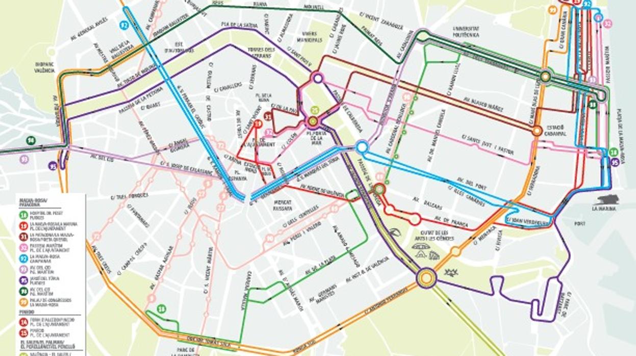 Plano de los itinerarios de verano de la EMT en Valencia