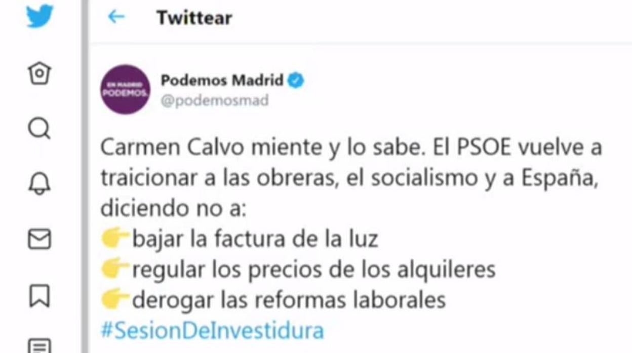 Tuit eliminado de Podemos criticando a Carmen Calvo