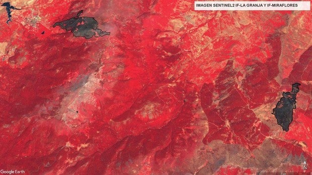 Las 600 hectáreas afectadas por los incendios de Miraflores y La Granja, a vista de satélite