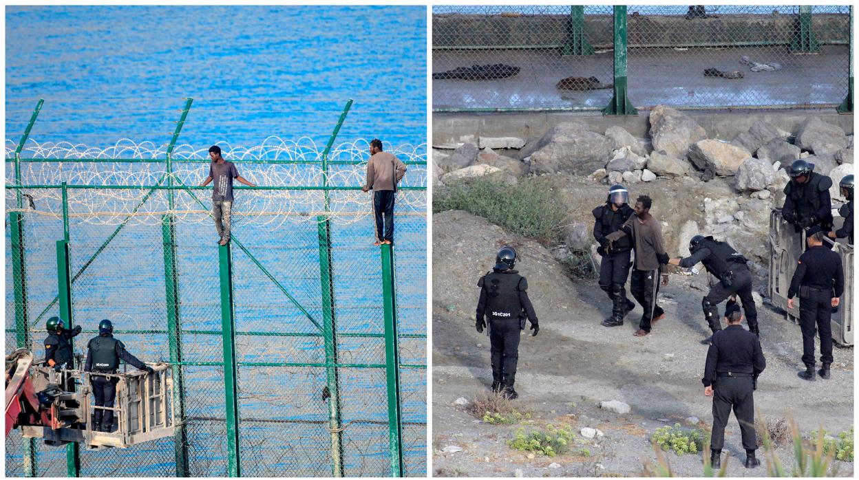 Interior utiliza grúas para bajar a ocho inmigrantes de la valla de Ceuta y devolverlos a Marruecos