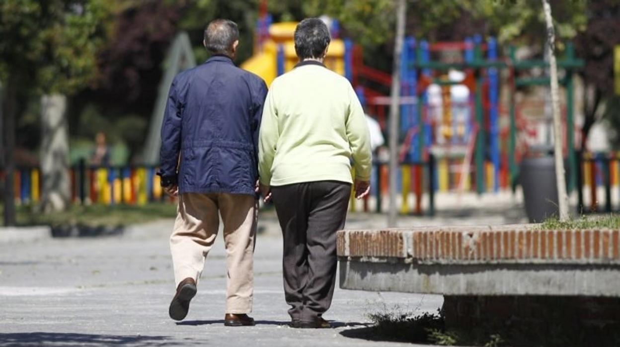 Una pareja de personas mayores pasea por un parque