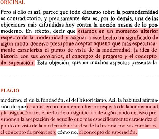 Plagio de Manuel Cruz (págs. 421-422) a «El fin de la modernidad», de Gianni Vattimo (pág. 11-12)