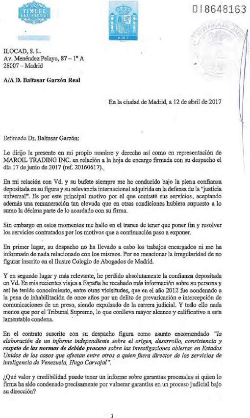 Primera página de la carta remitida por Ruperti a Garzón y firmada ante notario