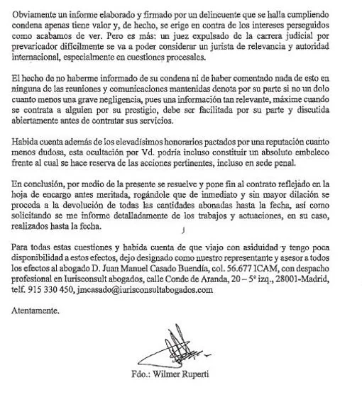 Segunda página de la carta remitida por Ruperti a Garzón y firmada ante notario