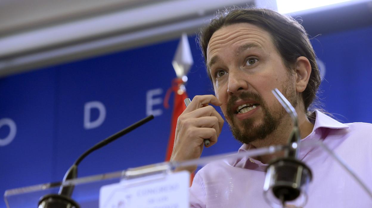 El líder de Unidas Podemos Pablo Iglesias, durante la rueda de prensa celebrada este martes en el Congreso