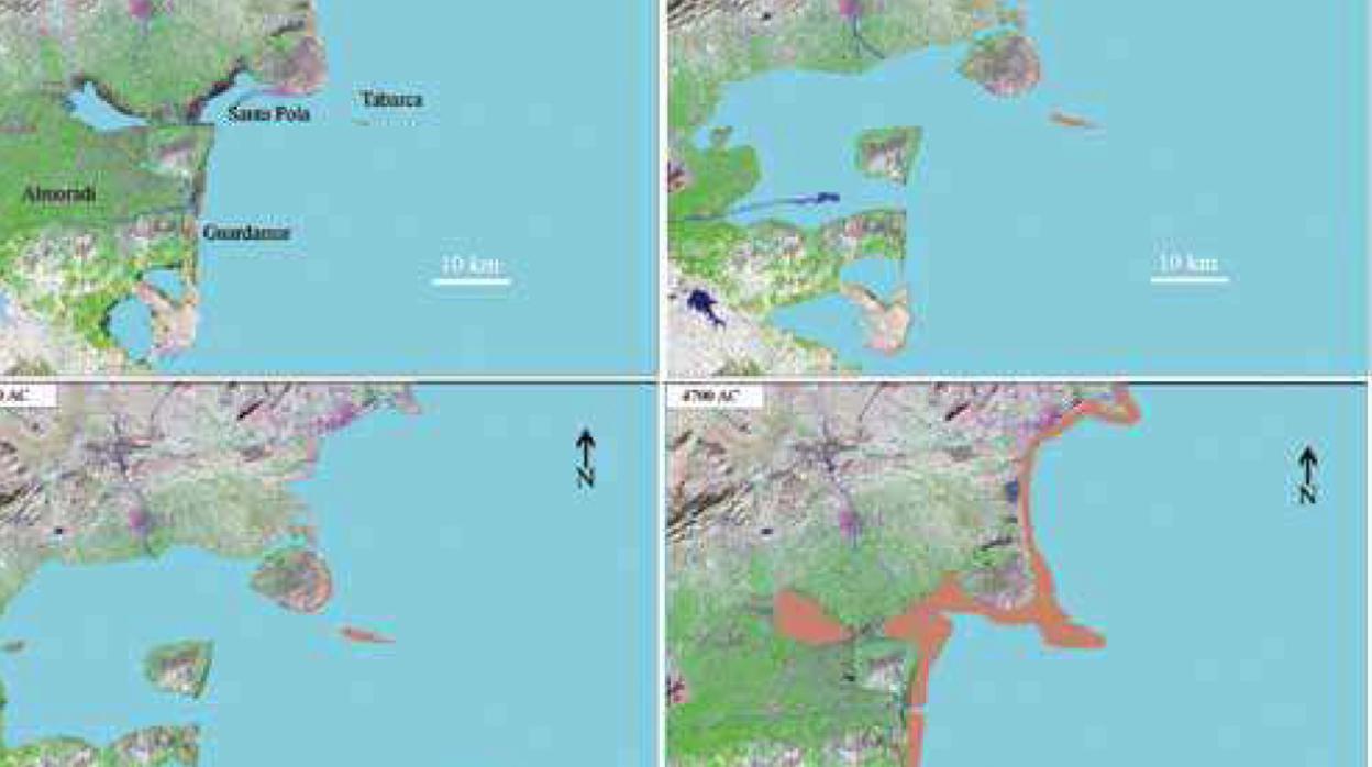 Mapas actual (izquierda arriba) y de otros periodos históricos en los que se ve el avance de la desecación de la Vega Baja, antes bajo las aguas, en el estudio «Historia natural de la Huerta de Orihuela»