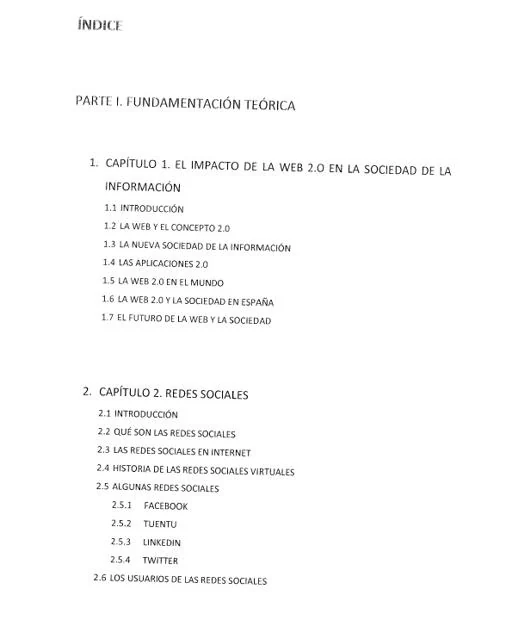 Parte del índice, sin paginar y con erratas, de la tesis doctoral de Concepción Canoyra