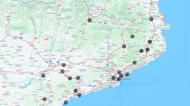 Mapa de carreteras cortadas de Barcelona y Cataluña