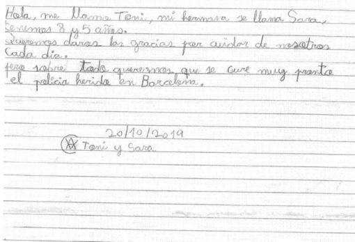 La emotiva carta de un niño al policía herido en los disturbios de Barcelona: «Gracias por cuidarnos»