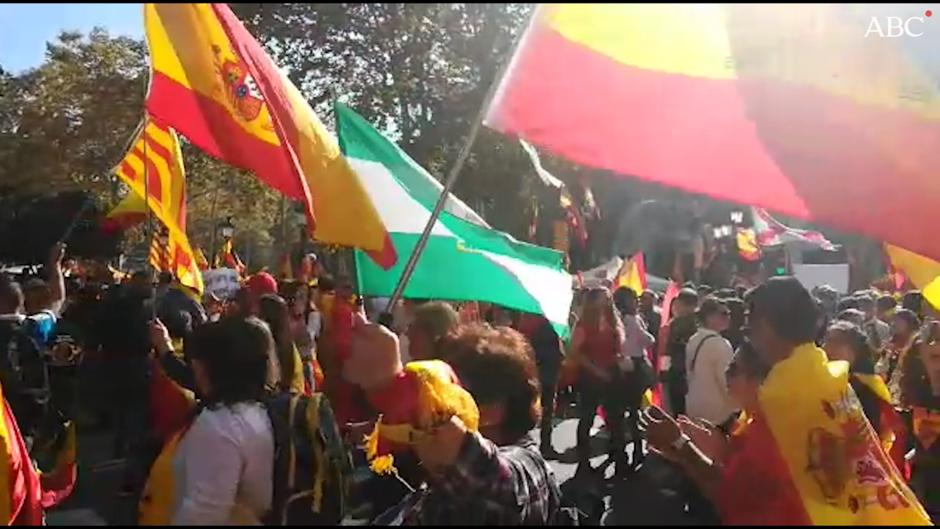 Suena el himno de España en la gran marcha constitucionalista de Barcelona