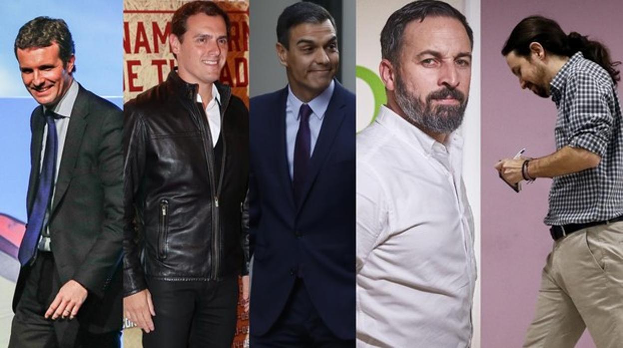 Pablo Casado, Albert Rivera, Pedro Sánchez, Santiago Abascal y Pablo Iglesias