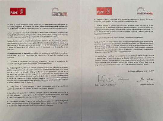 Documento firmado por Pedro Sánchez y Pablo Iglesias