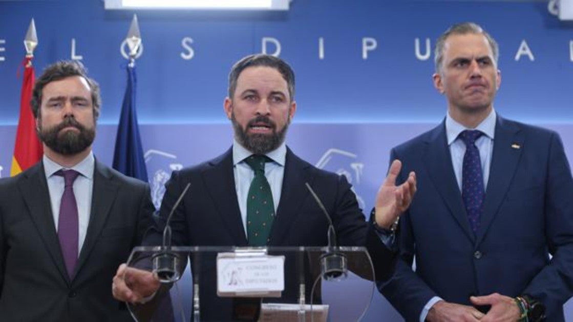 Iván Espinosa de los Monteros, Santiago Abascal y Javier Ortega Smith, ayer en el Congreso de los Diputados