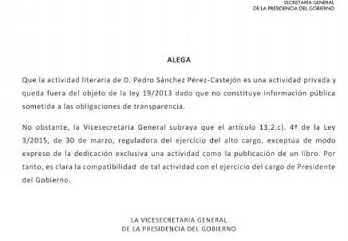 Fragmento de la alegación que hace Presidencia a la petición de información de ABC