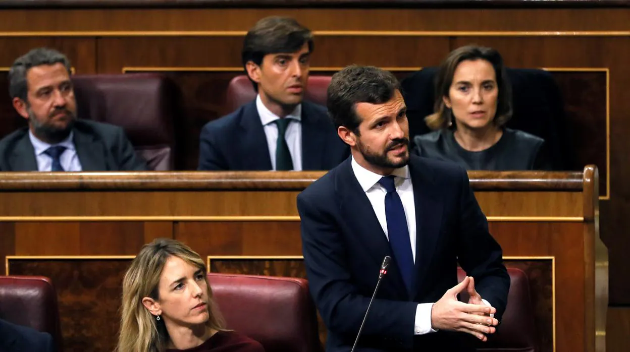 El líder del PP, Pablo Casado, durante su intervención este martes en la sesión constitutiva de las Cortes