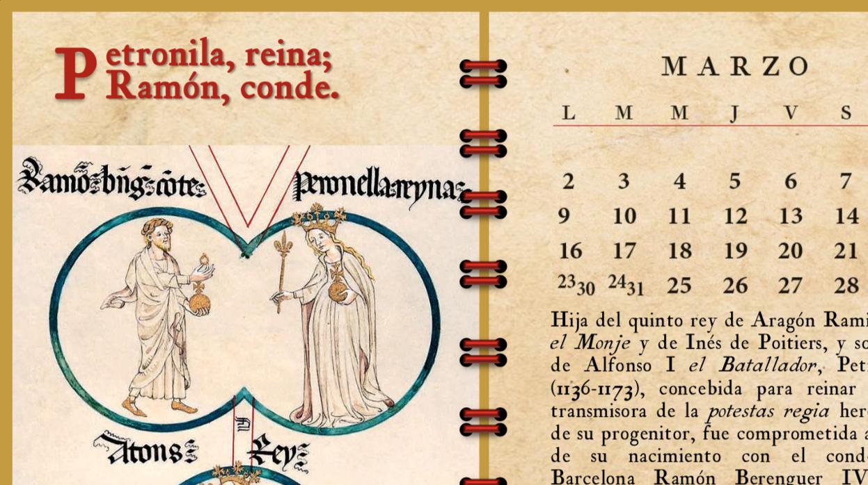 En este calendario, el texto que acompaña al mes de marzo recuerda cómo Cataluña pasó a formar parte de la Corona de Aragón por el matrimonio de la reina aragonesa Petronila con el conde barcelonés Ramón Berenguer IV