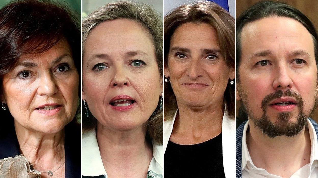 Carmen Calvo, Nadia Calviño, Teresa Ribera y Pablo Iglesias