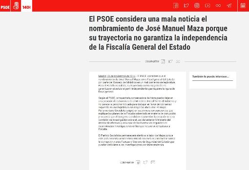 Comunicado sobre Maza en la web del PSOE