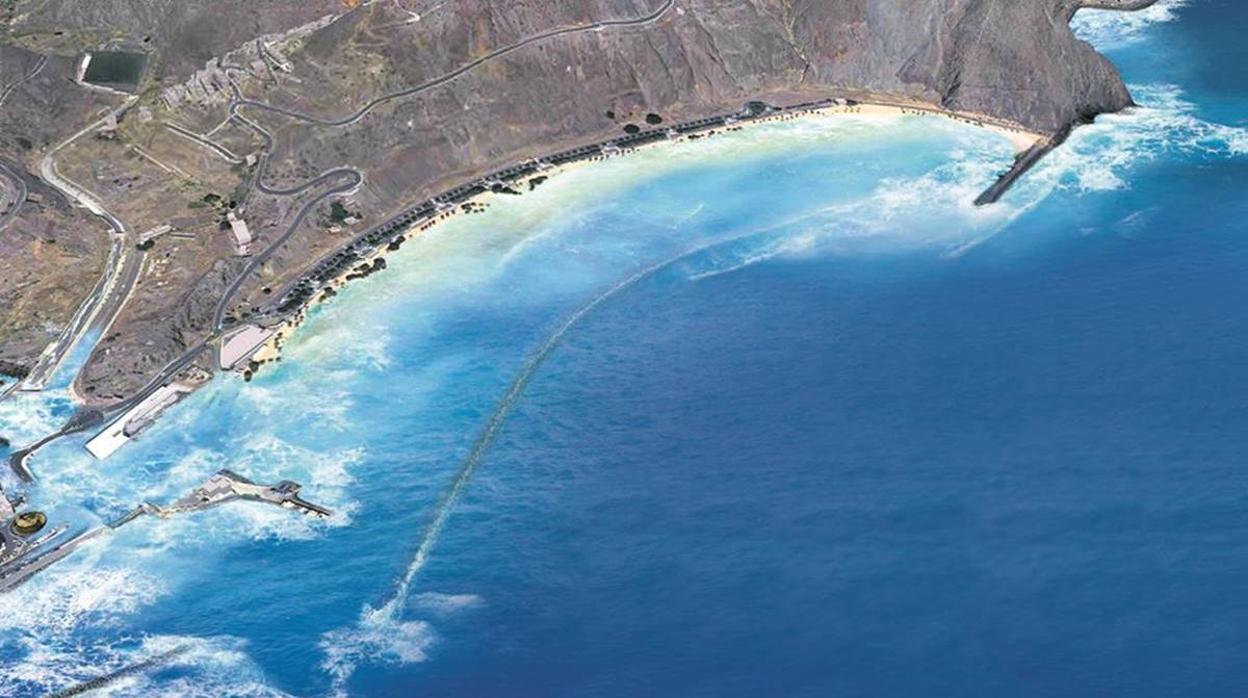 Imagen de cómo quedaría la playa de Las Teresitas en 2099 con el crecimiento del nivel del mar previsto