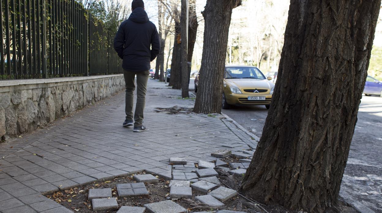 Un joven pasea por una acera completamente destrozada