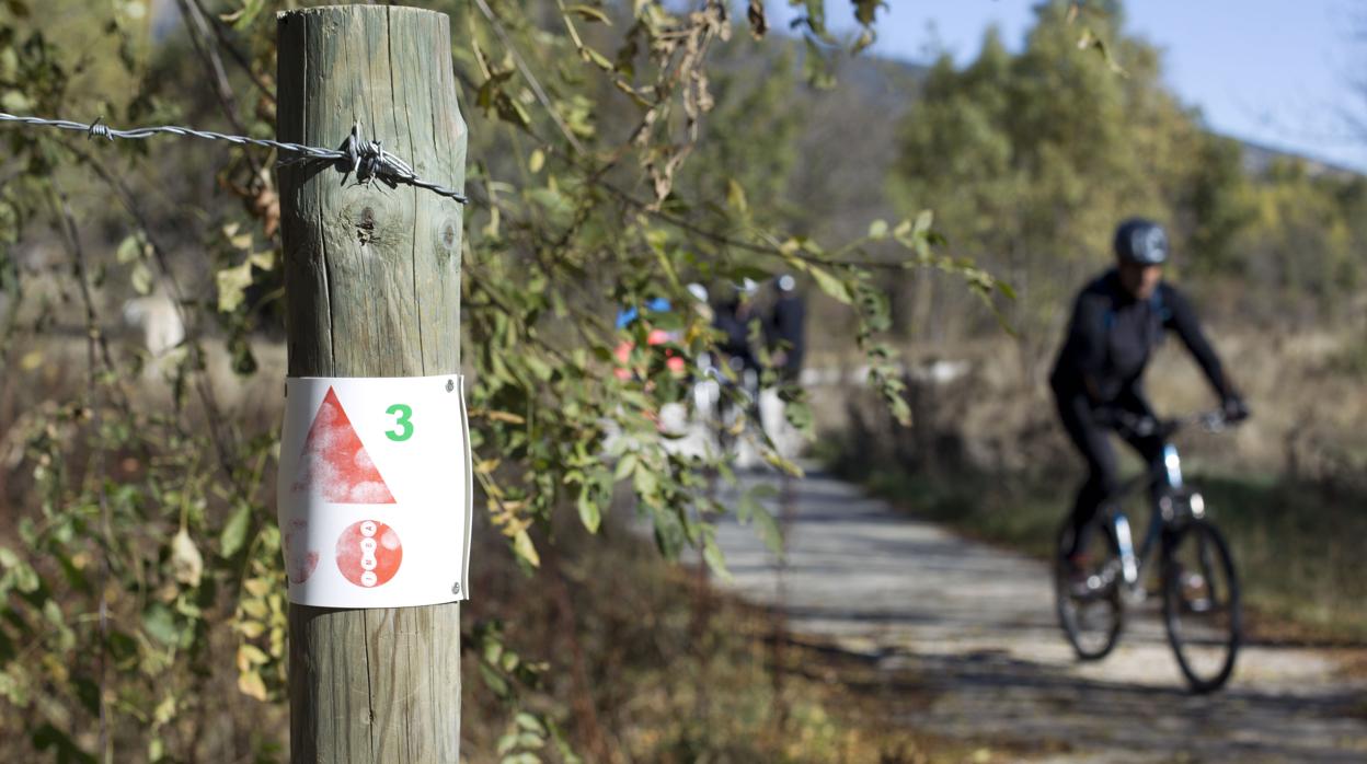 Un senderista monta en bicicleta en el Parque Nacional de Guadarrama