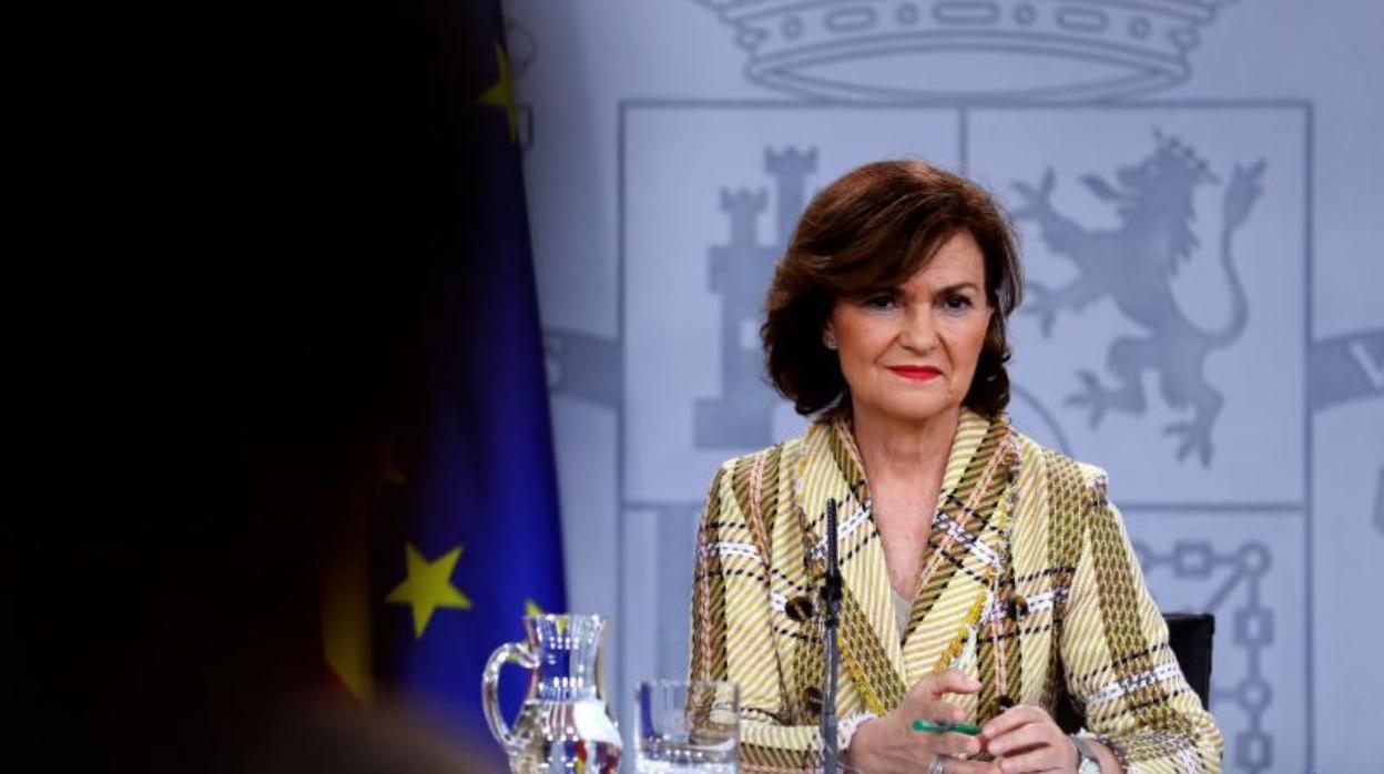 La vicepresidenta del Gobierno, Carmen Calvo, este martes en La Moncloa