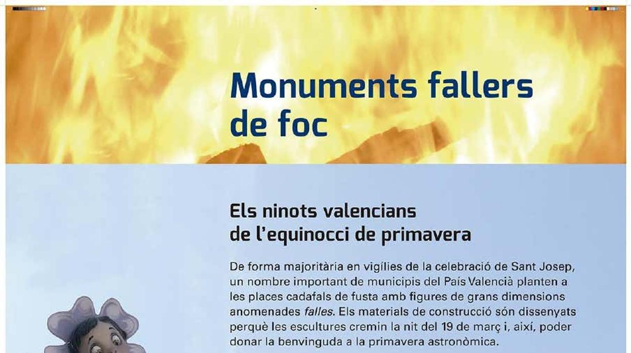 Detalle de la página del catálogo que incluye a las Fallas de Valencia entre las fiestas del fuego de los «países catalanes»