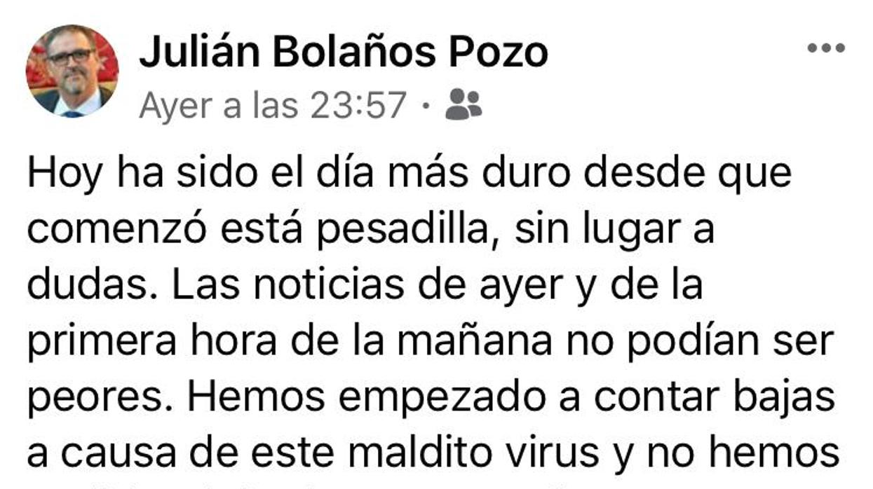 Mensaje del alcalde en su página de Facebook