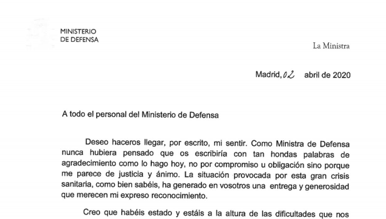 Encabezamiento de la carta dirigiida al personal del Ministerio de Defensa