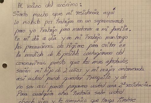 Nota de respuesta de José Antonio a su vecino anónimo