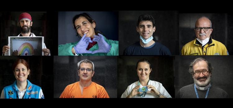 Sanitarios y trabajadores de Ifema: Marcos, Sandra, Jonathan, Javier; Cristina, Jesús, Verónica, Nacho