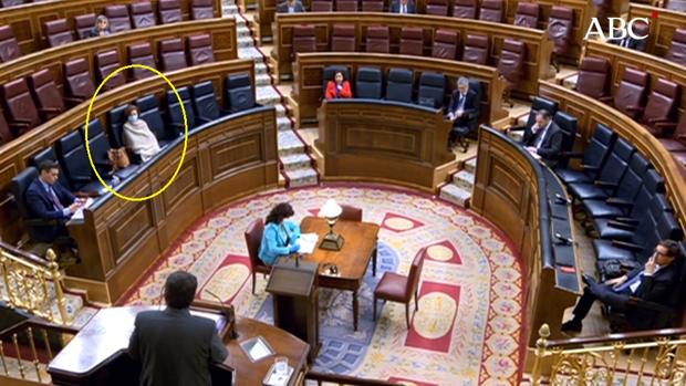 Carmen Calvo reaparece en el Congreso con mascarilla y arropada bajo una manta