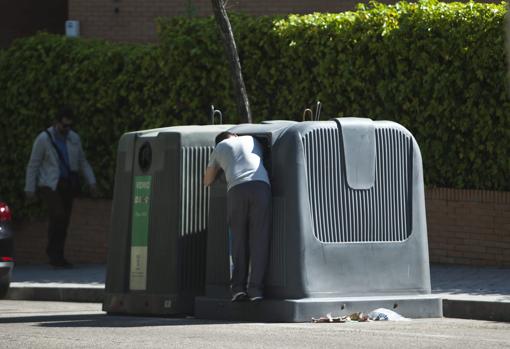 Un cartonero rebusca en el interior de un contenedor