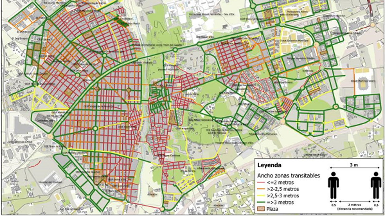 Cartografía del núcleo urbano de Elche, con las «calles rojas» y «verdes» según su espacio para transitar