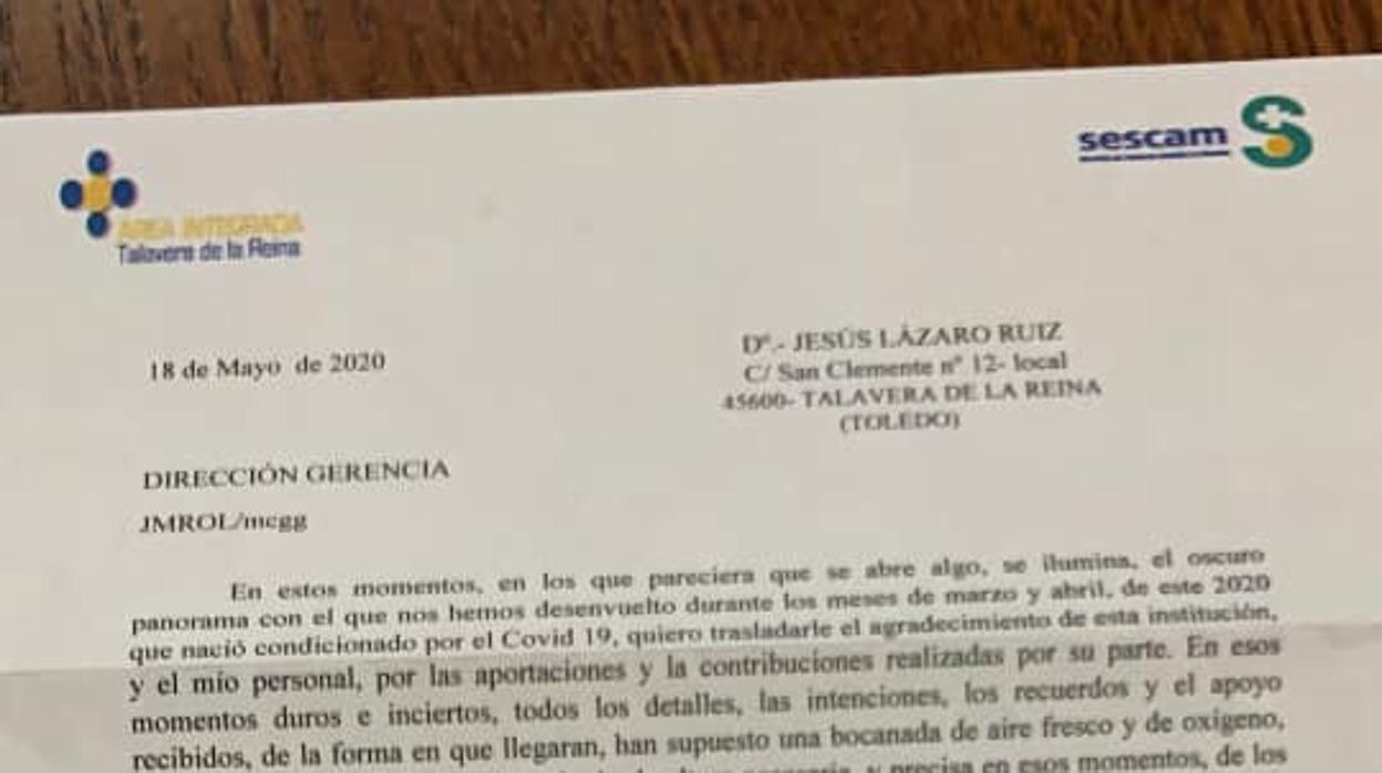 Carta enviada por el director gerente del área sanitaria de Talavera